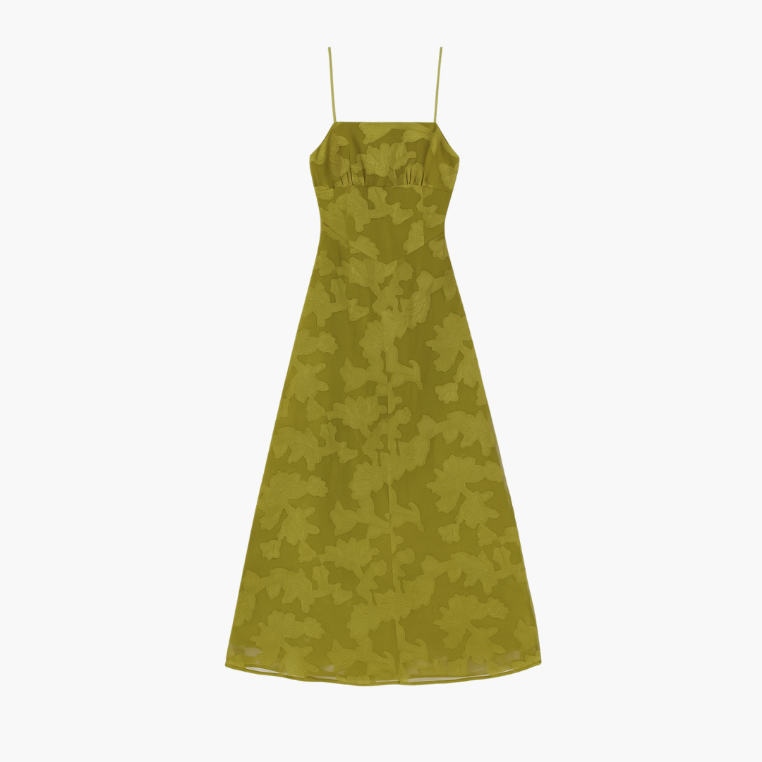 Abito | Lungo Sottoveste con Stampa Floreale Verde, Arricciato e Schiena Scoperta