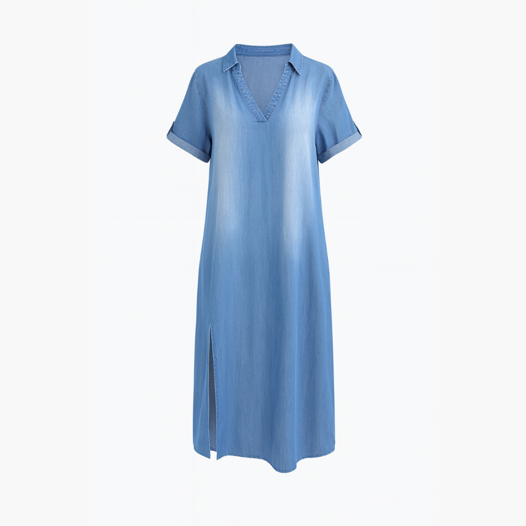 Lea | Abito lungo effetto jeans con spacco laterale