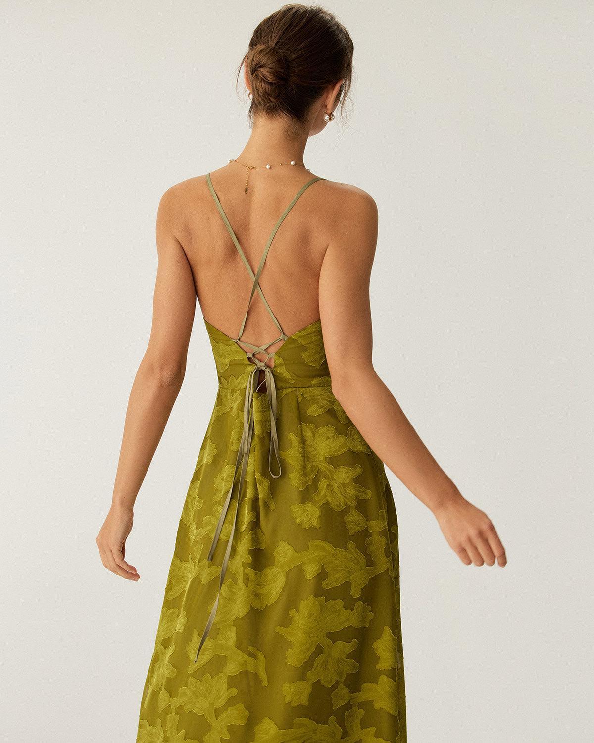 Abito | Lungo Sottoveste con Stampa Floreale Verde, Arricciato e Schiena Scoperta