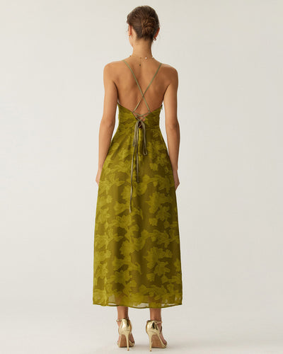 Abito | Lungo Sottoveste con Stampa Floreale Verde, Arricciato e Schiena Scoperta