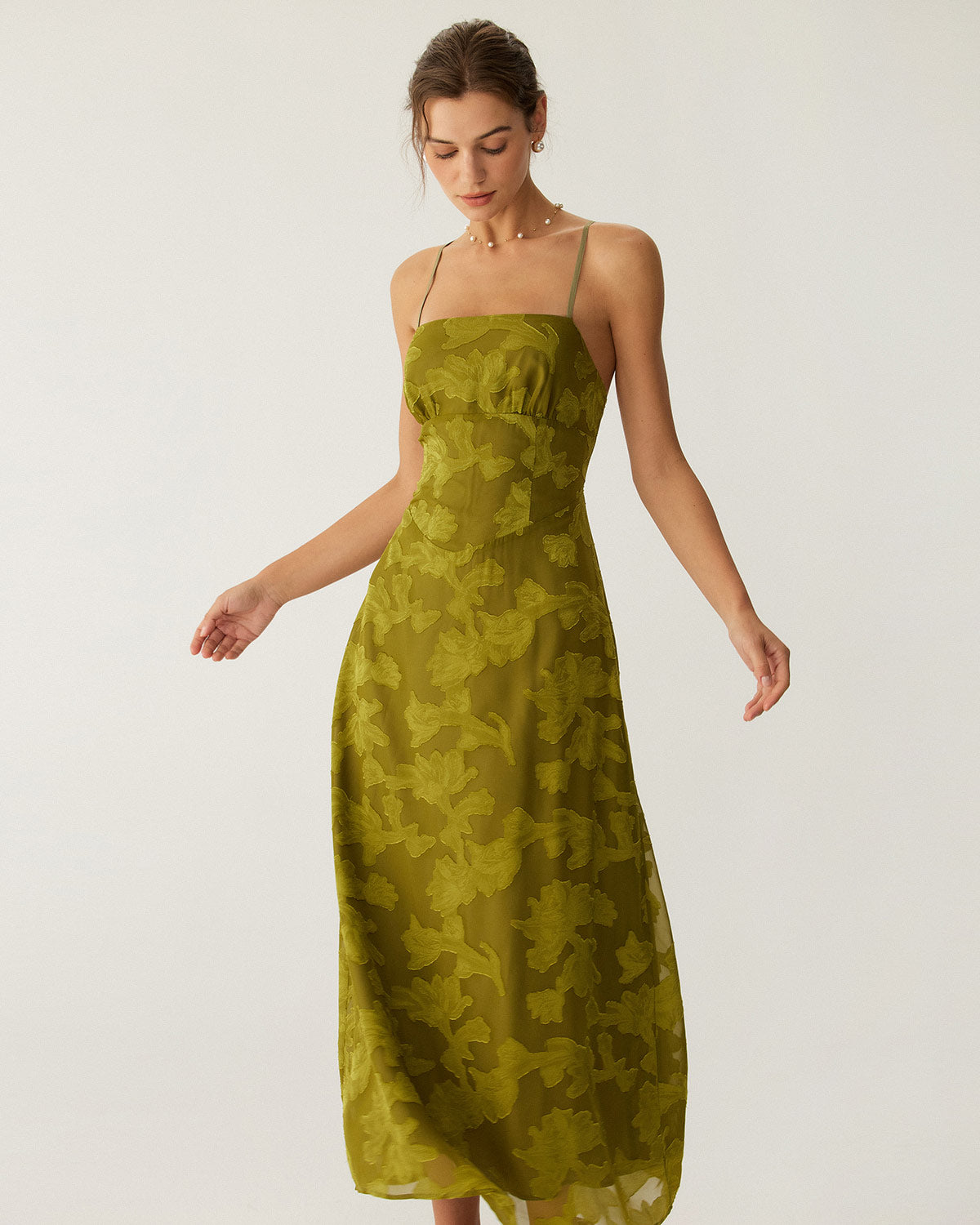 Abito | Lungo Sottoveste con Stampa Floreale Verde, Arricciato e Schiena Scoperta